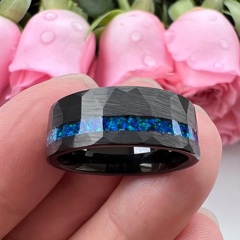 “Neon Rift” 8MM Hammered Flat with Blue Opal Inlay Men Band
