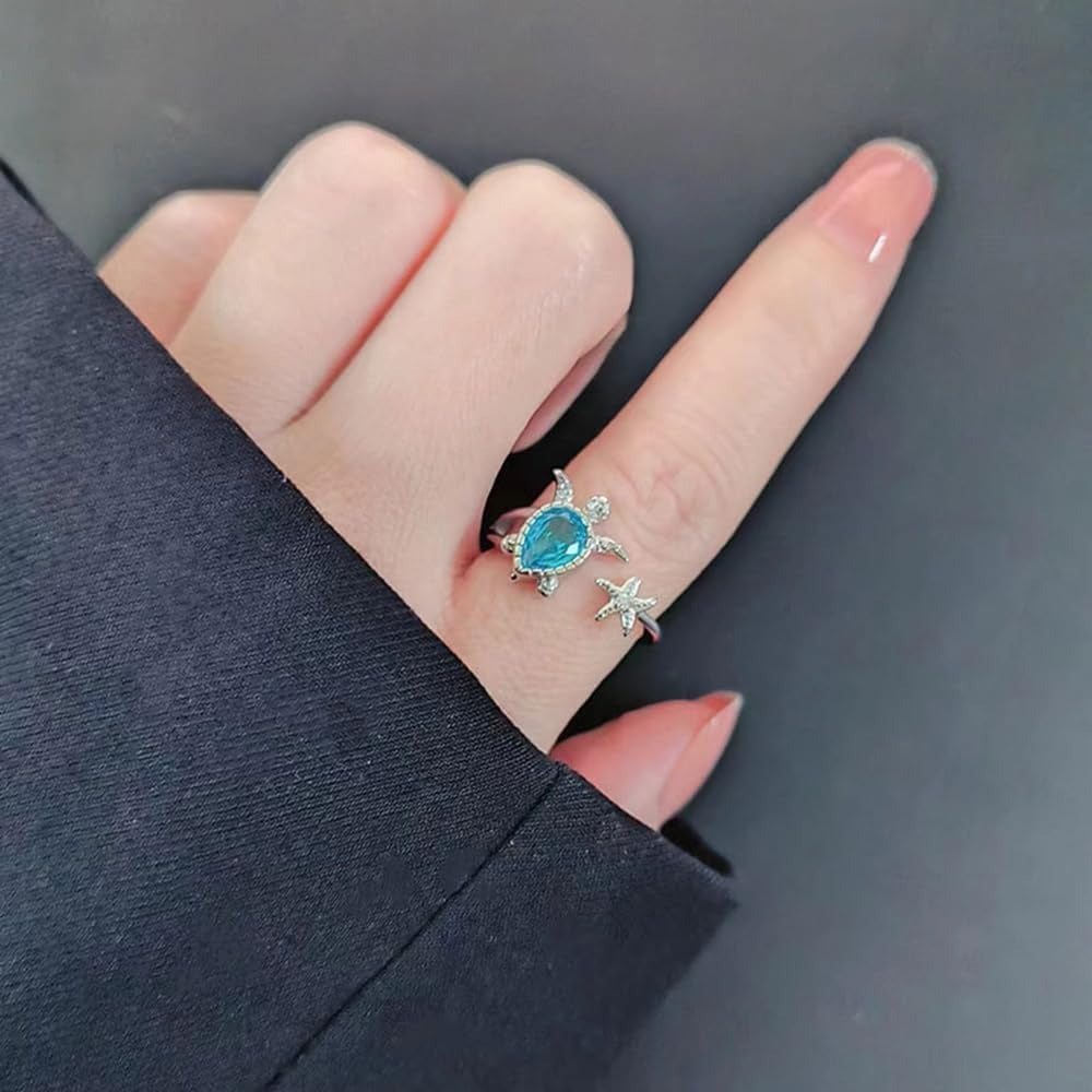 Sea Turtle Starfish Statement Pear Blue Cubic Zirconia Adjustable Open Ring