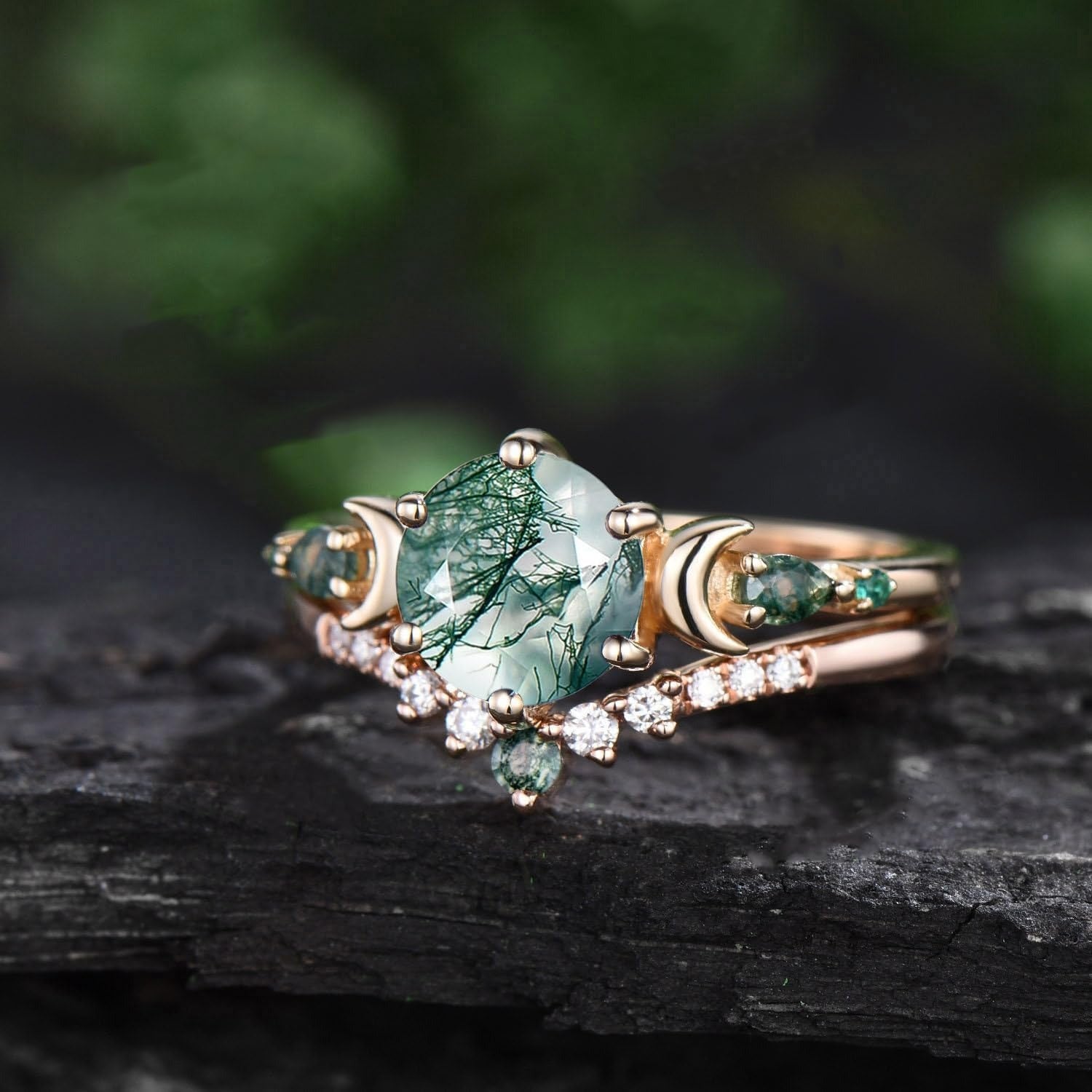 Leaf Art Deco 10K Rose Gold Natural Round Moss Agate Engagement Bridal Ring Set