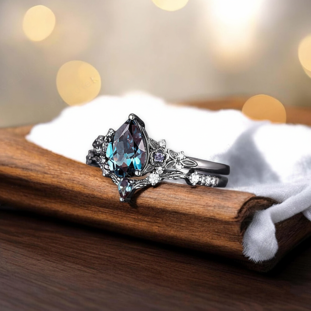Antique Gothic Black Gold Pear Shape Alexandrite Bridal Ring Set