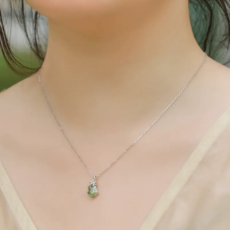 Kite Cut Moss Agate Mystical Serpent Carved Nature Inspired  Necklace