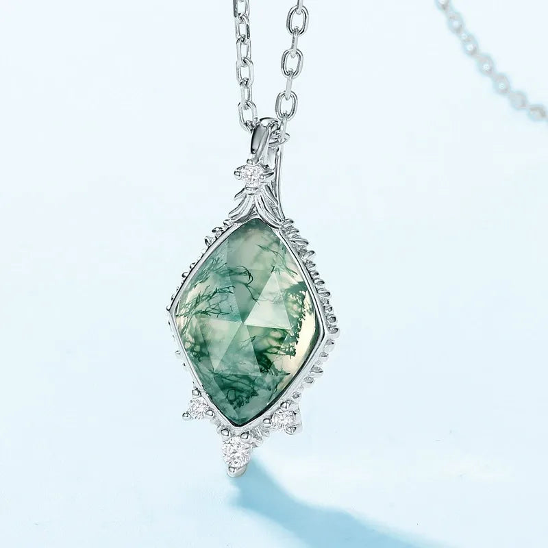 ’Moss Facet‘ Unique Cut Non-Traditional Moss Agate Pendant for Women