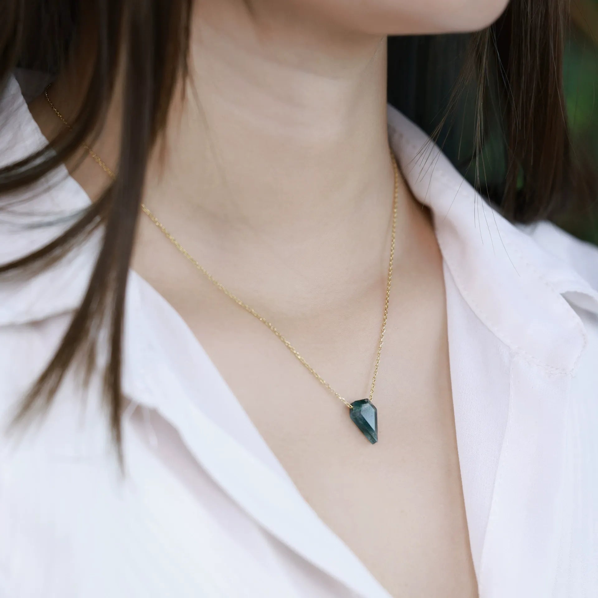 'Nature’s Aegis' Shield Shaped Solitaire Moss Agate Pendant