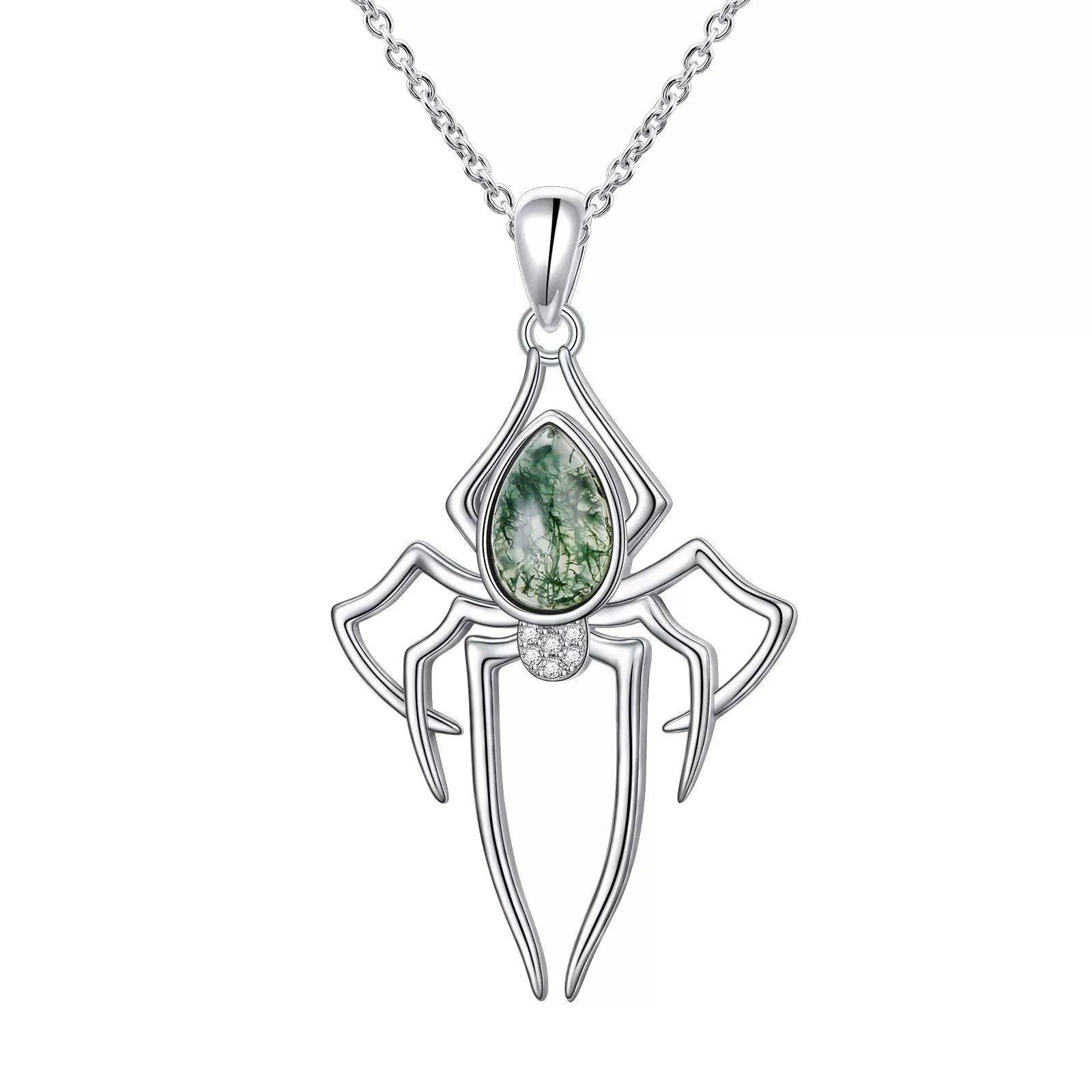 'Nocturne Spider' Gothic Moss Agate Rhinestone Spider Necklace for Women