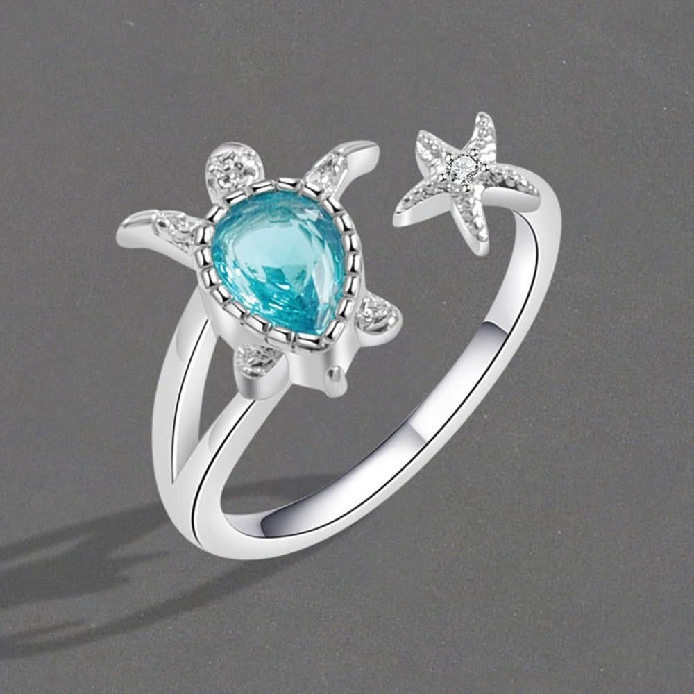 Sea Turtle Starfish Statement Pear Blue Cubic Zirconia Adjustable Open Ring