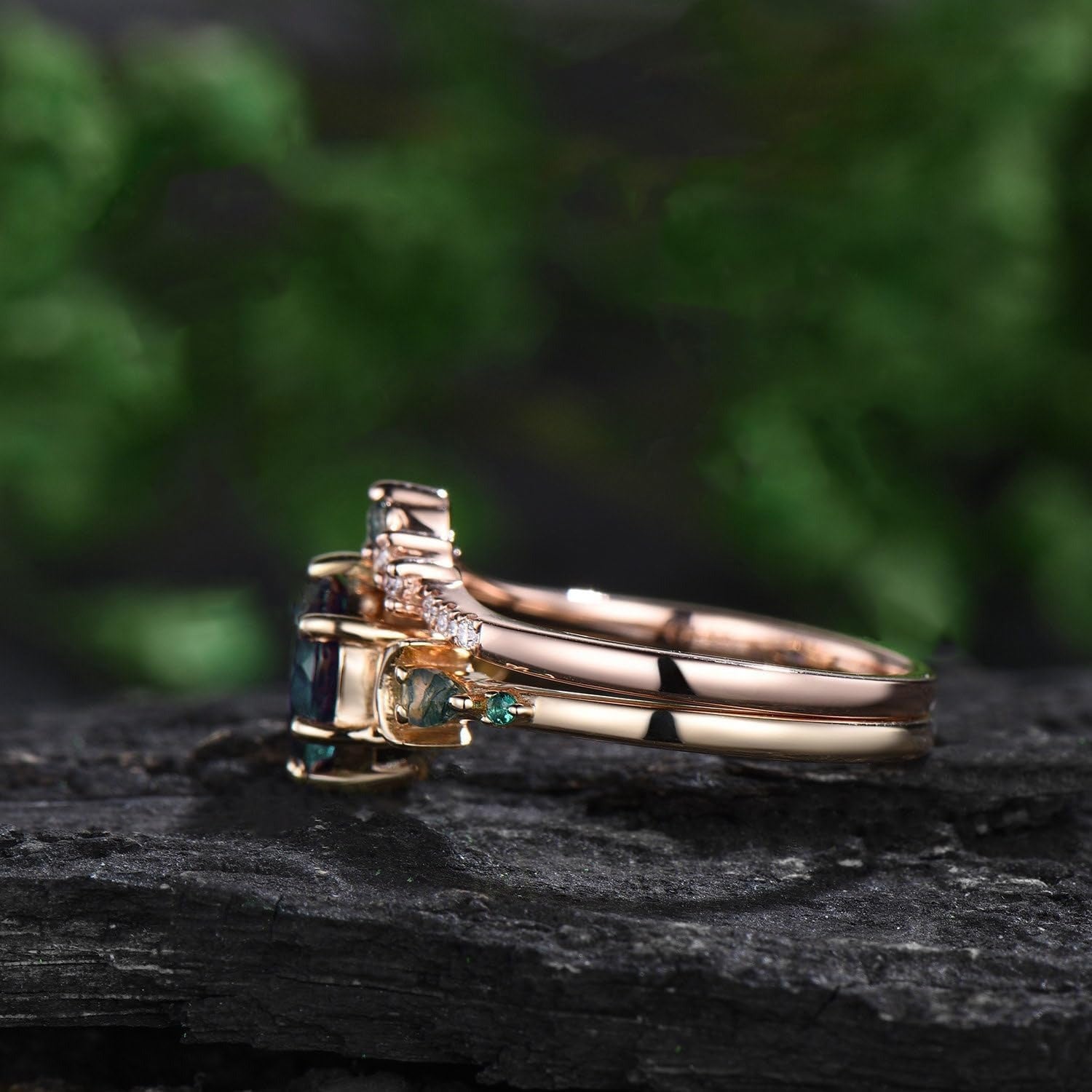 Leaf Art Deco 10K Rose Gold Natural Round Moss Agate Engagement Bridal Ring Set