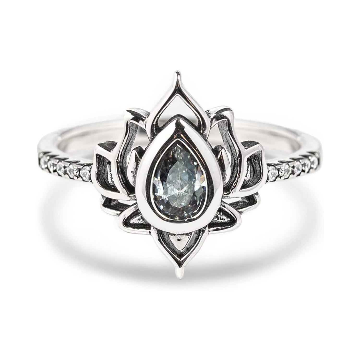 Pear Cut Grey Moissanite Lotus Flower Dainty Promise Ring Gift for Women