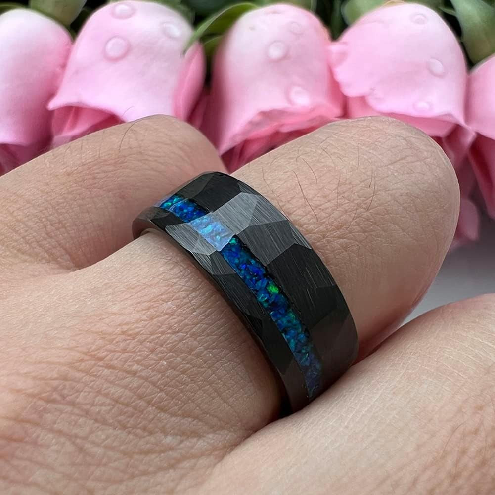 “Neon Rift” 8MM Hammered Flat with Blue Opal Inlay Men Band