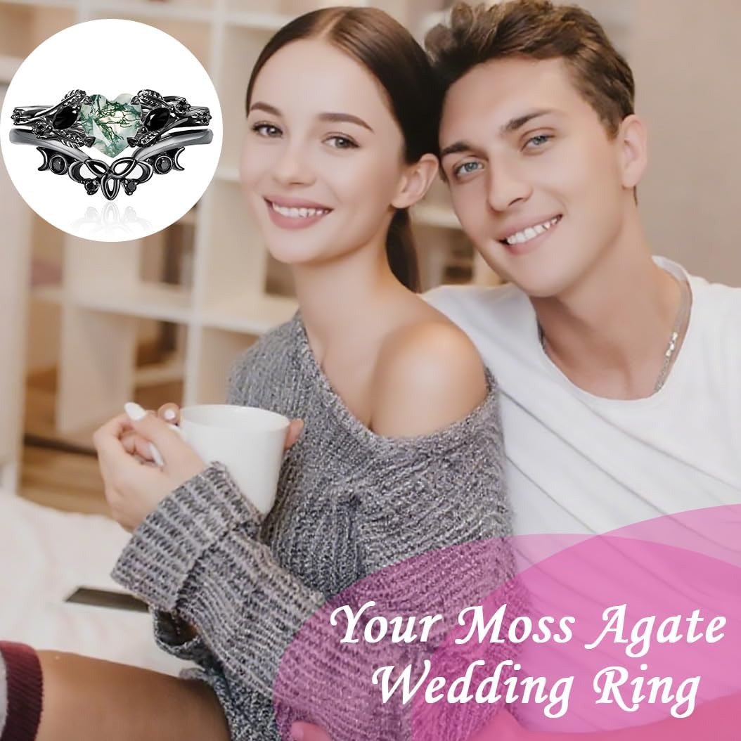 Black Gold Heart Cut Green Moss Agate & Black Moissanite Wedding Ring Set