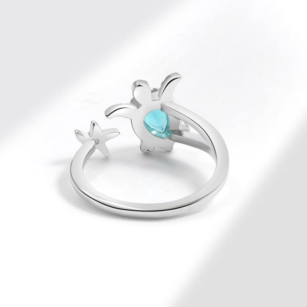 Sea Turtle Starfish Statement Pear Blue Cubic Zirconia Adjustable Open Ring
