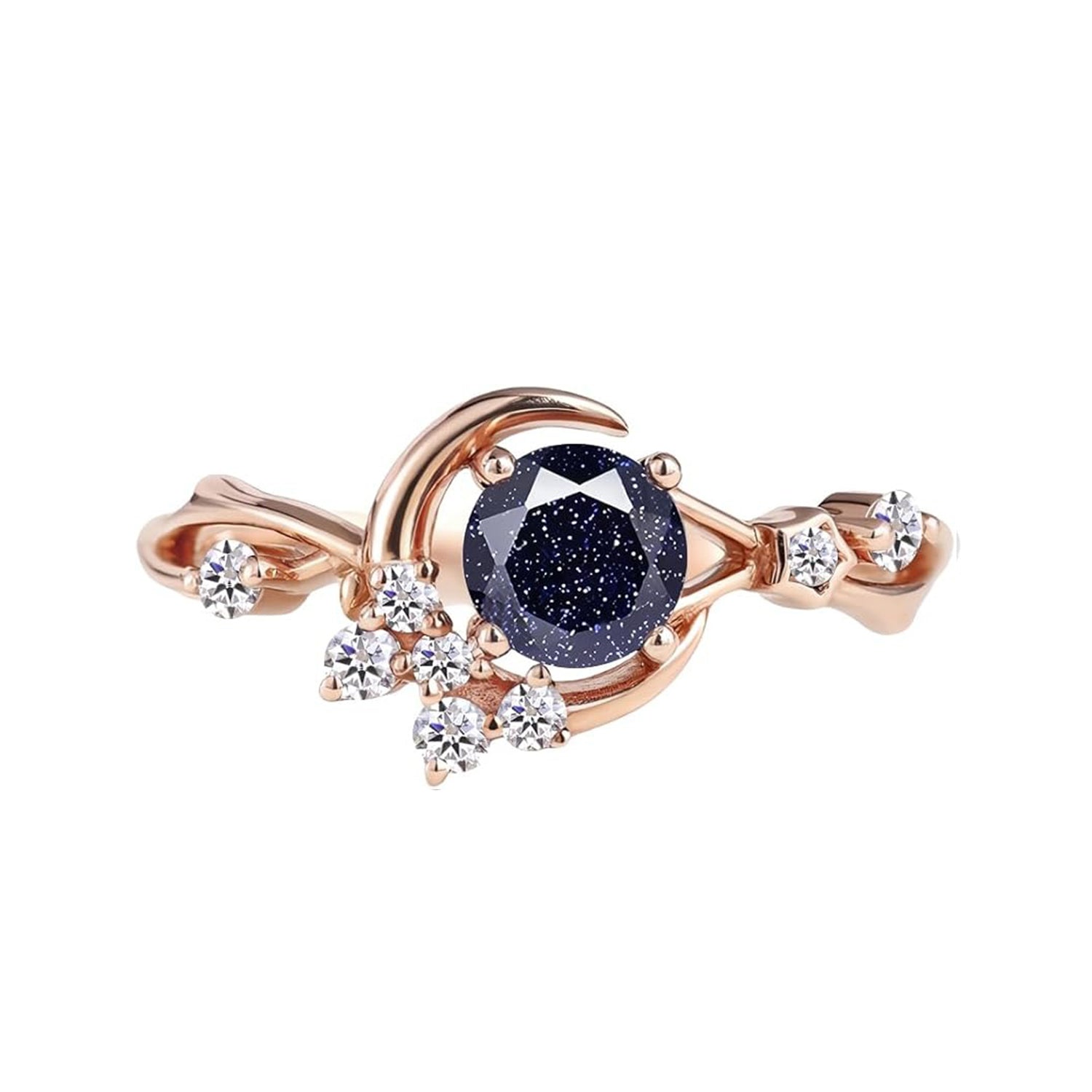Unique Round Shape Blue Sandstone Moon Star Engagement Ring