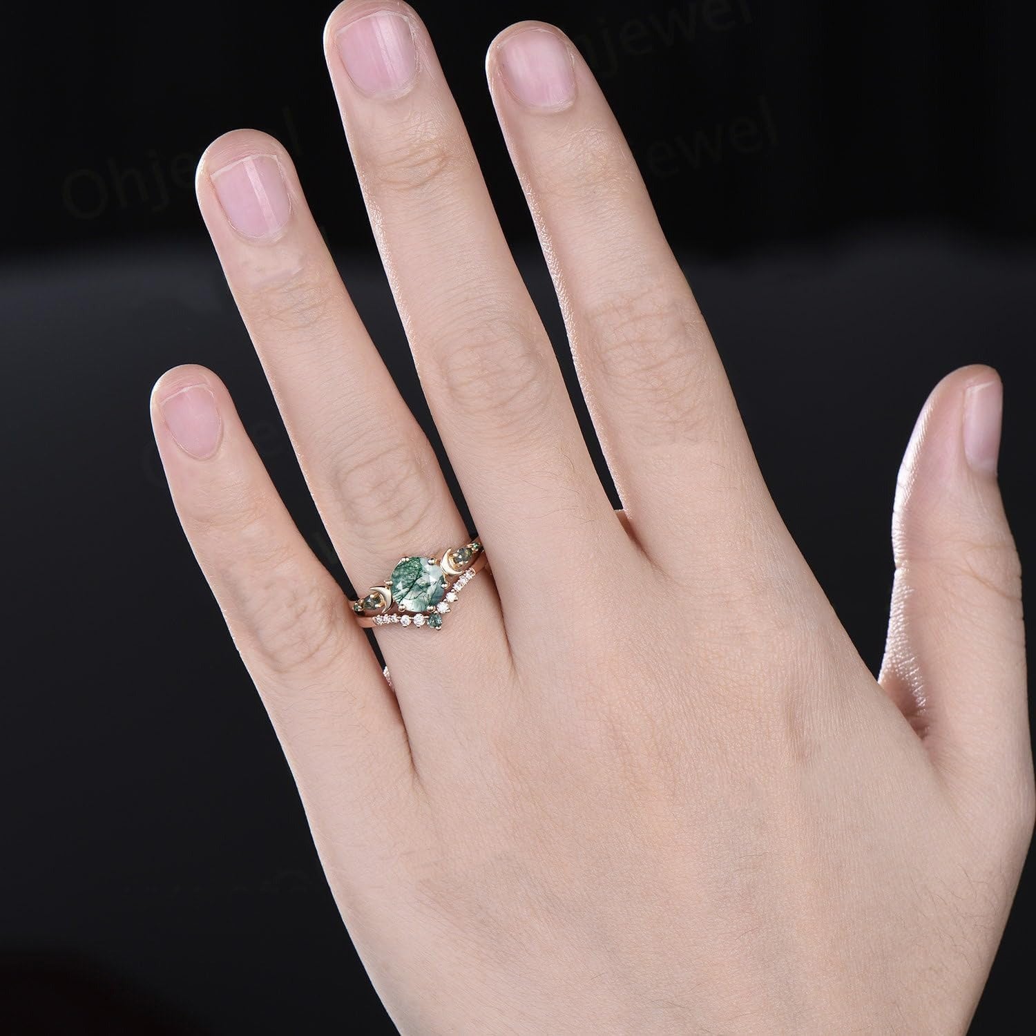 Leaf Art Deco 10K Rose Gold Natural Round Moss Agate Engagement Bridal Ring Set