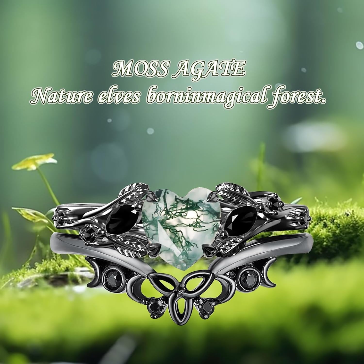 Black Gold Heart Cut Green Moss Agate & Black Moissanite Wedding Ring Set