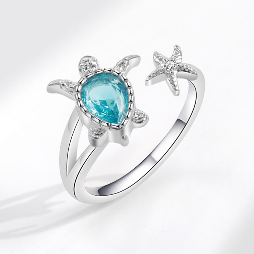 Sea Turtle Starfish Statement Pear Blue Cubic Zirconia Adjustable Open Ring