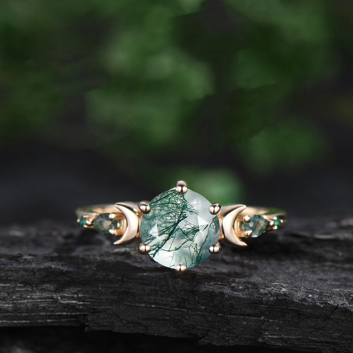 Leaf Art Deco 10K Rose Gold Natural Round Moss Agate Engagement Bridal Ring Set