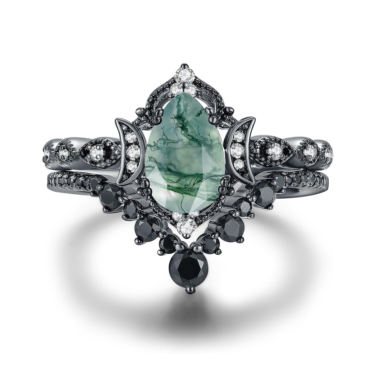Gothic Vintage Black Gold Natural Moss Agate Art Deco Bridal Wedding Ring Sets for Women