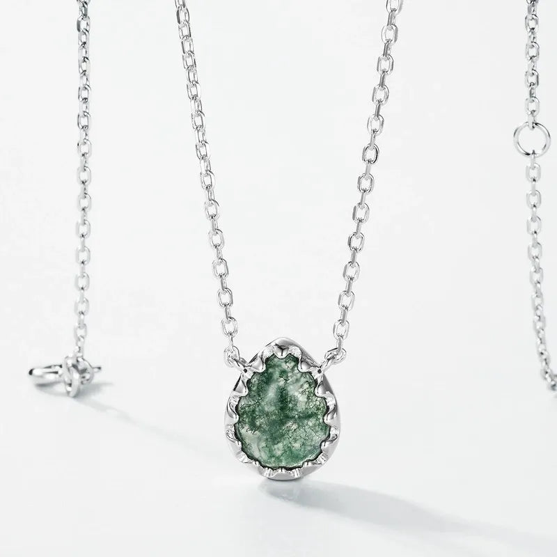 'Forest Cog' Vintage Water Drop Pear Cut Moss Agate Gear Pendant
