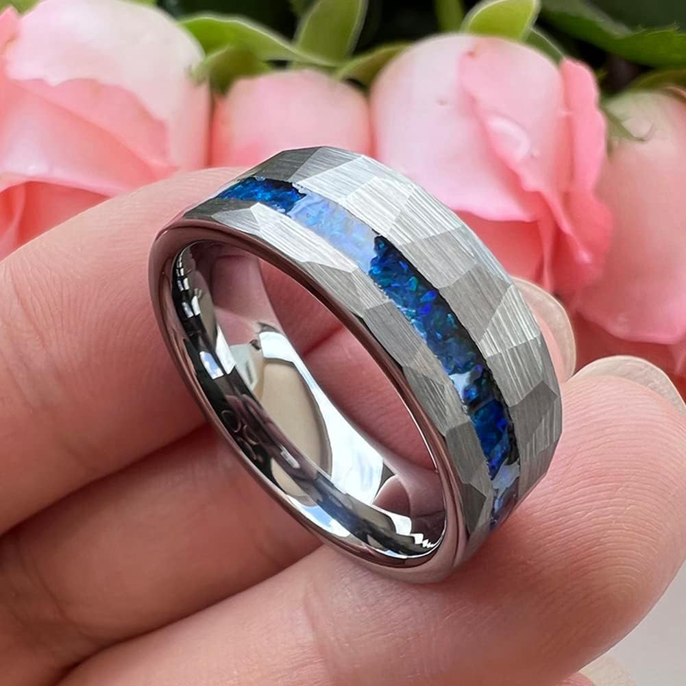 “Neon Rift” 8MM Hammered Flat with Blue Opal Inlay Men Band