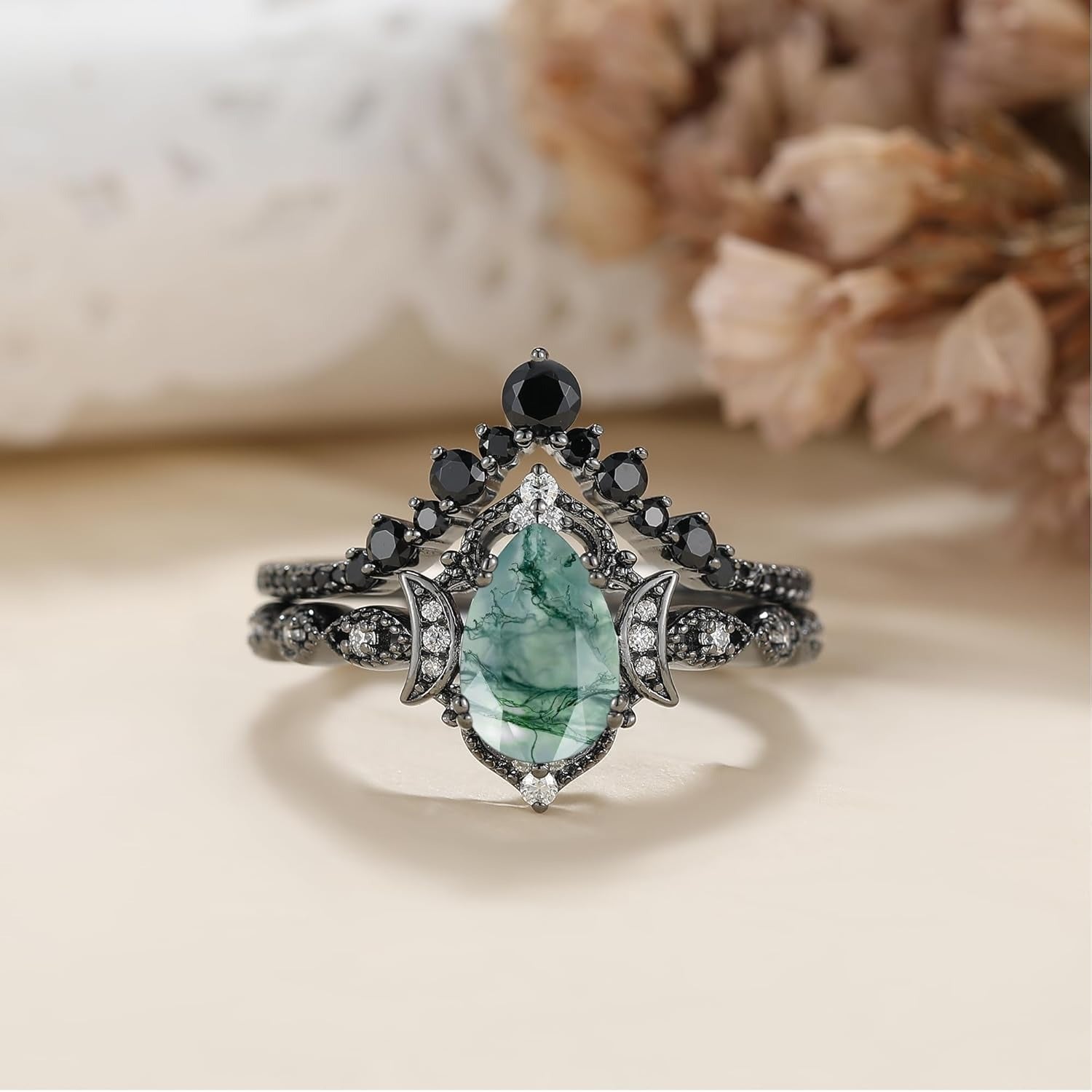 Gothic Vintage Black Gold Natural Moss Agate Art Deco Bridal Wedding Ring Sets for Women