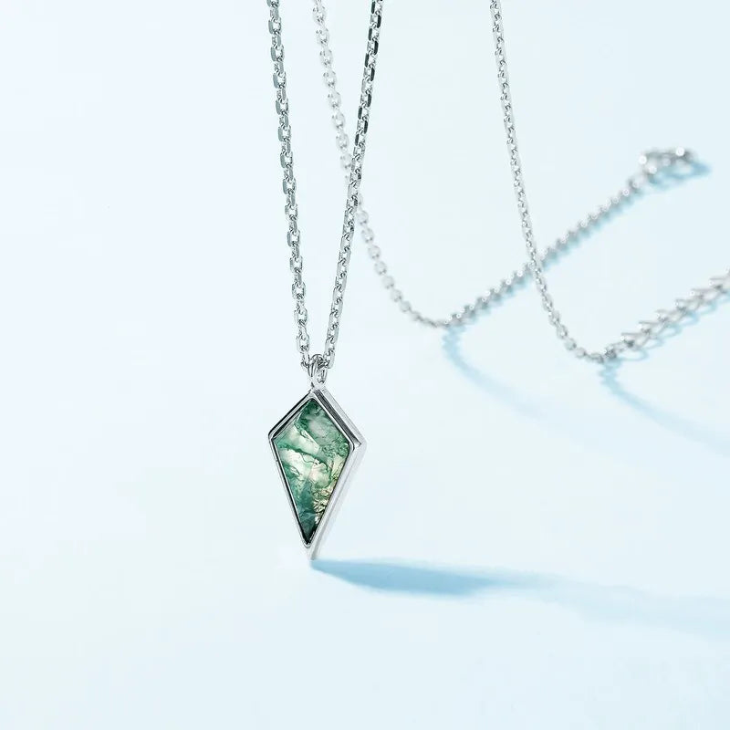 'Greenlight' Natural Moss Agate Kite Shape Dainty Necklace Promise Gift Friendship Gift