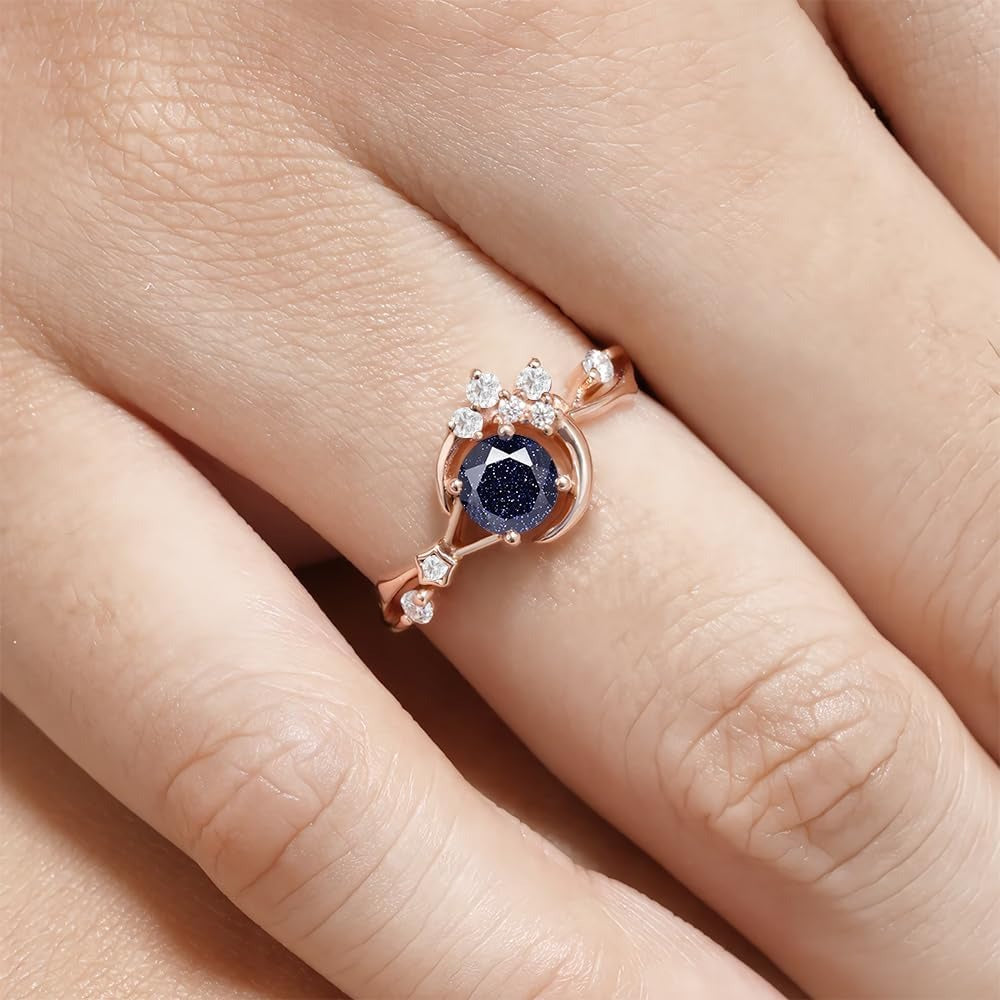 Unique Round Shape Blue Sandstone Moon Star Engagement Ring