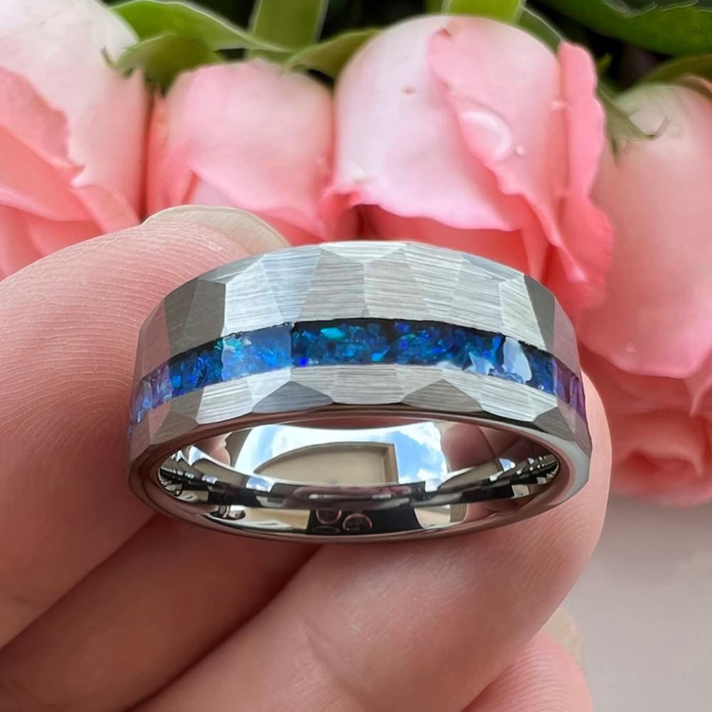 “Neon Rift” 8MM Hammered Flat with Blue Opal Inlay Men Band