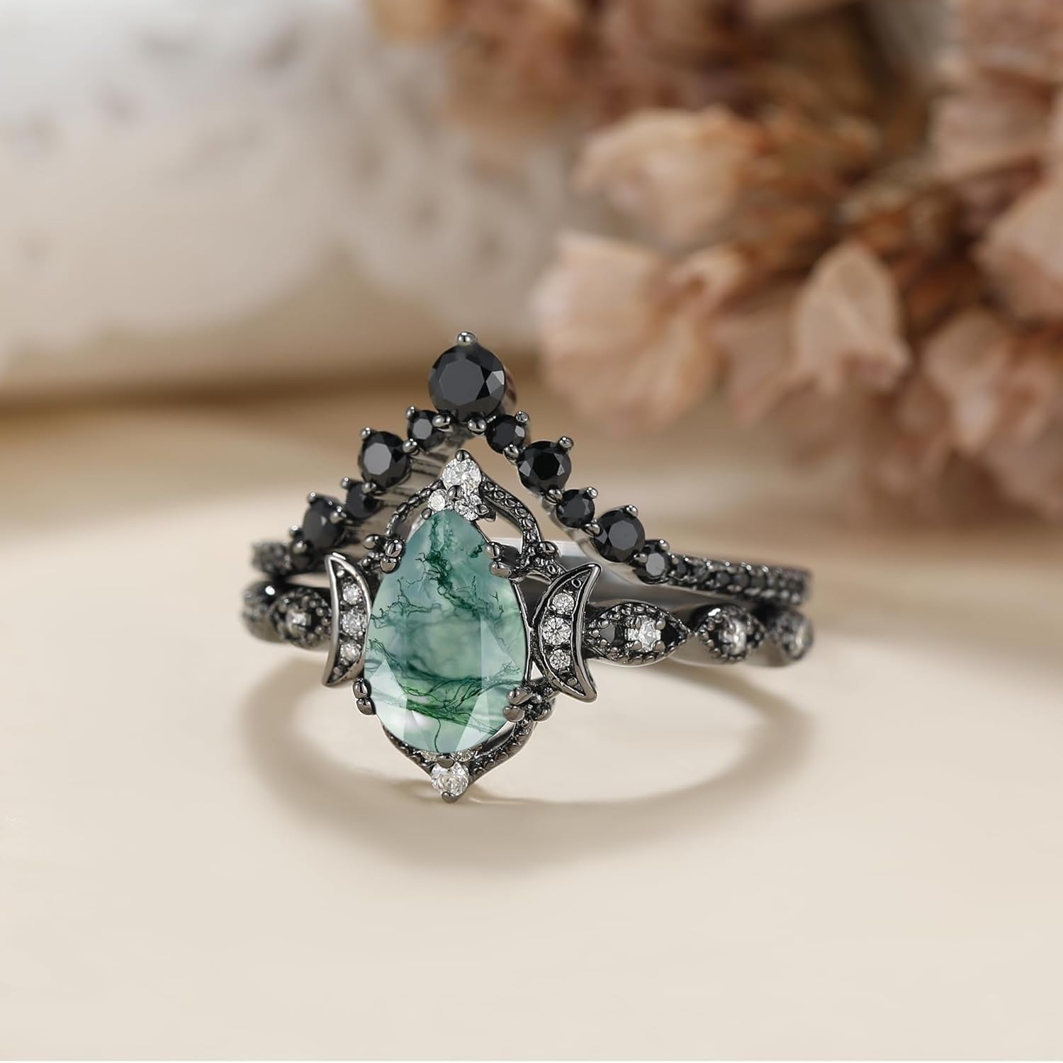 Gothic Vintage Black Gold Natural Moss Agate Art Deco Bridal Wedding Ring Sets for Women