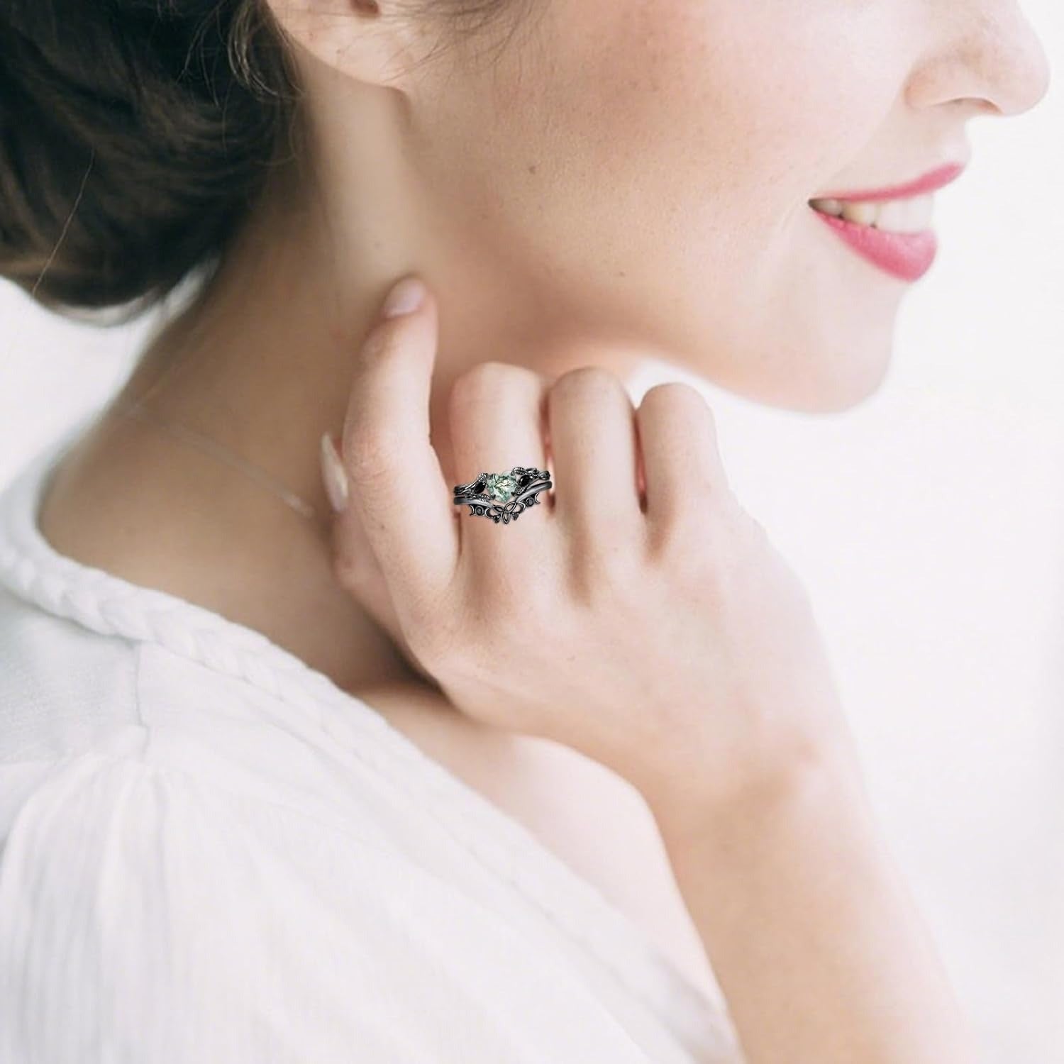 Black Gold Heart Cut Green Moss Agate & Black Moissanite Wedding Ring Set