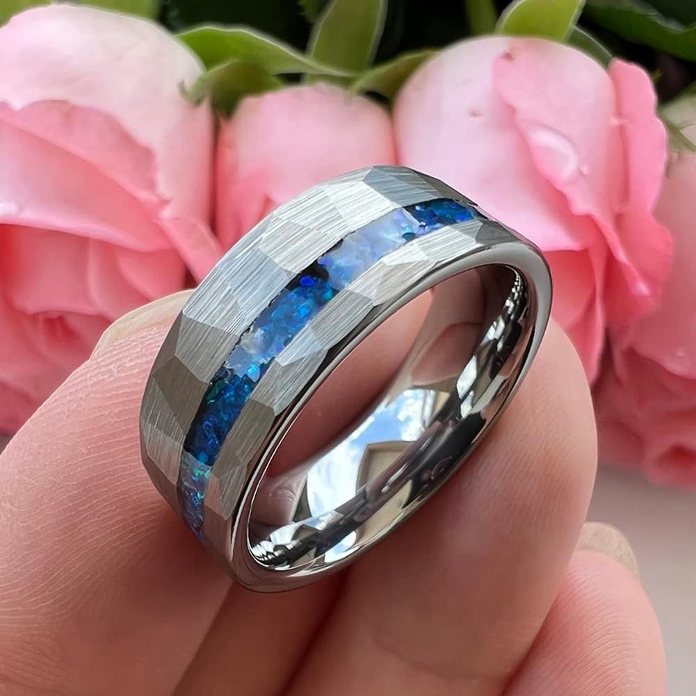 “Neon Rift” 8MM Hammered Flat with Blue Opal Inlay Men Band