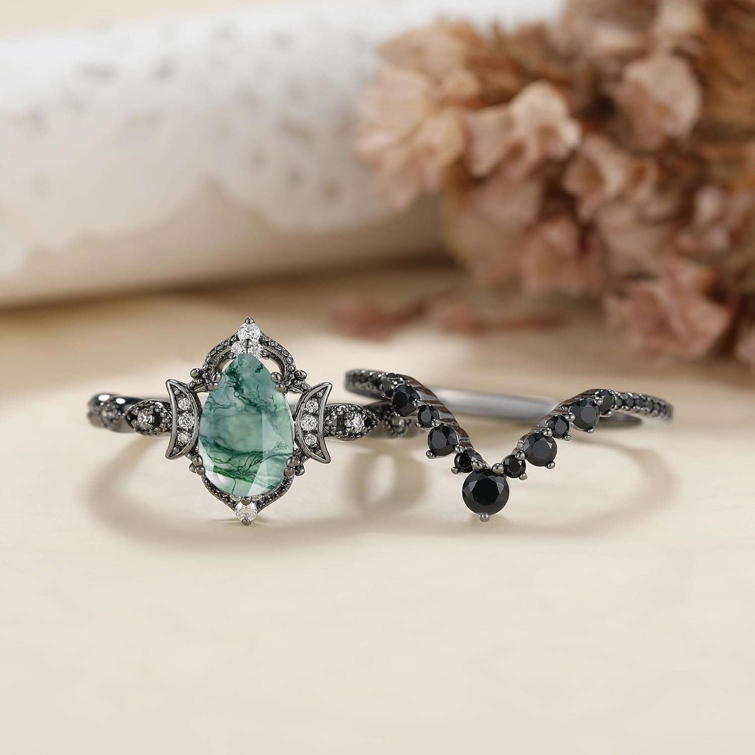 Gothic Vintage Black Gold Natural Moss Agate Art Deco Bridal Wedding Ring Sets for Women