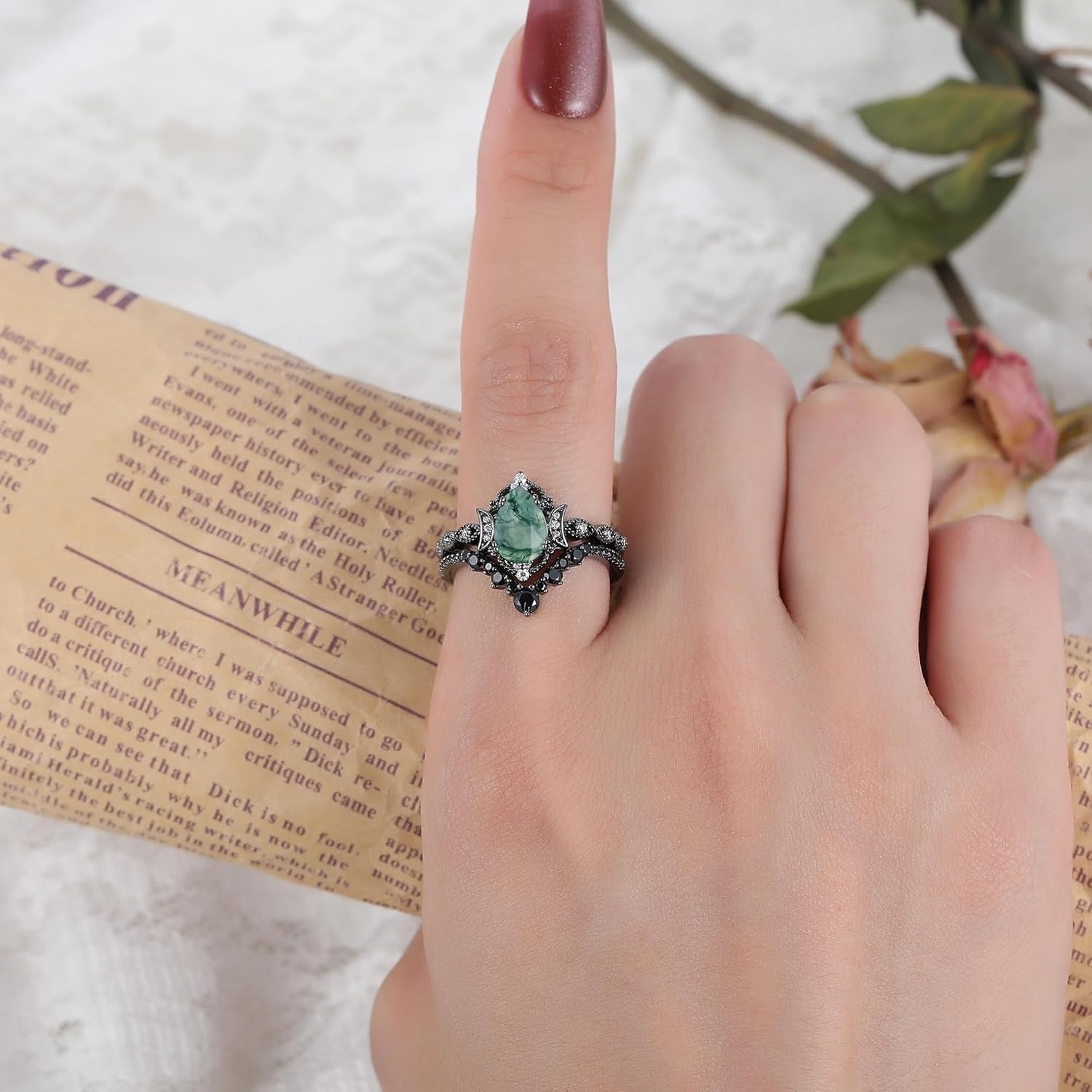 Gothic Vintage Black Gold Natural Moss Agate Art Deco Bridal Wedding Ring Sets for Women