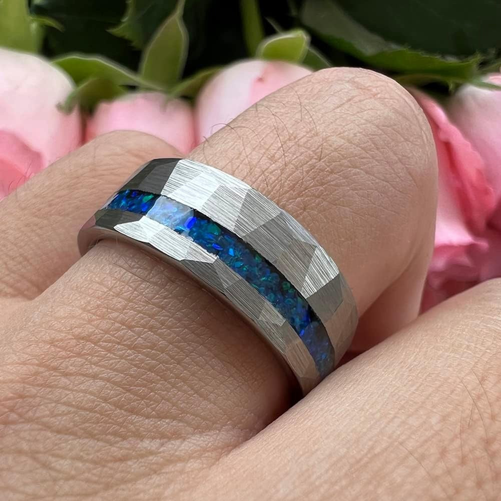 “Neon Rift” 8MM Hammered Flat with Blue Opal Inlay Men Band