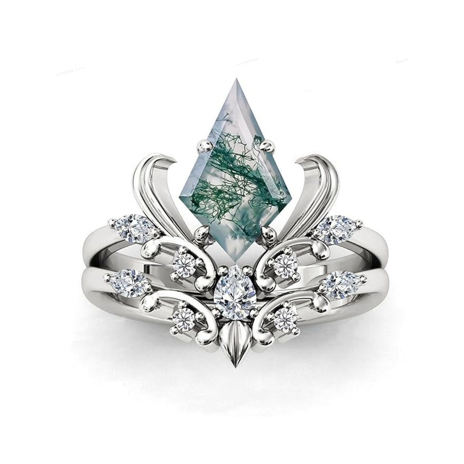 Iris Flower Inspired Natural Moss Agate Vintage Engagement Ring Set