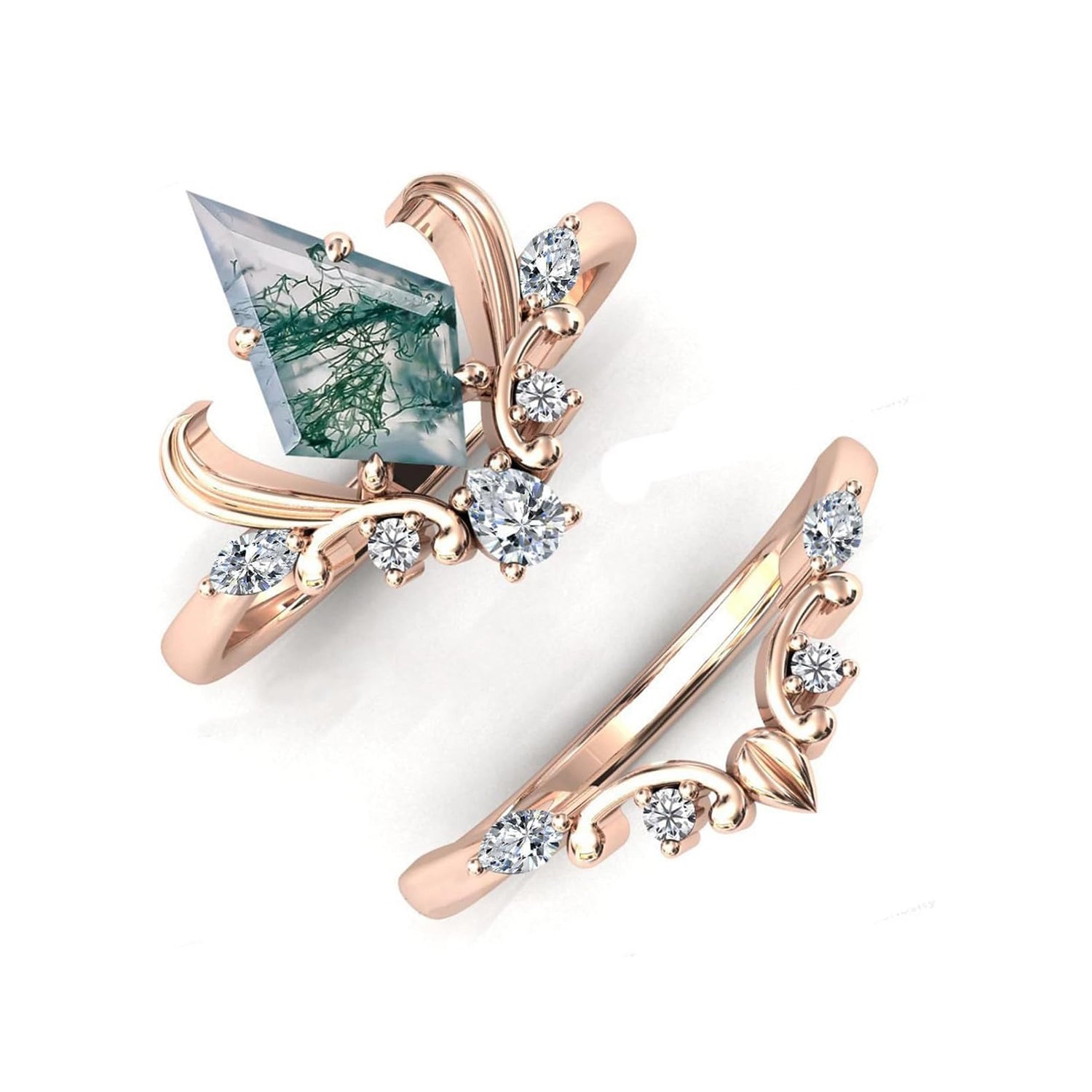Iris Flower Inspired Natural Moss Agate Vintage Engagement Ring Set