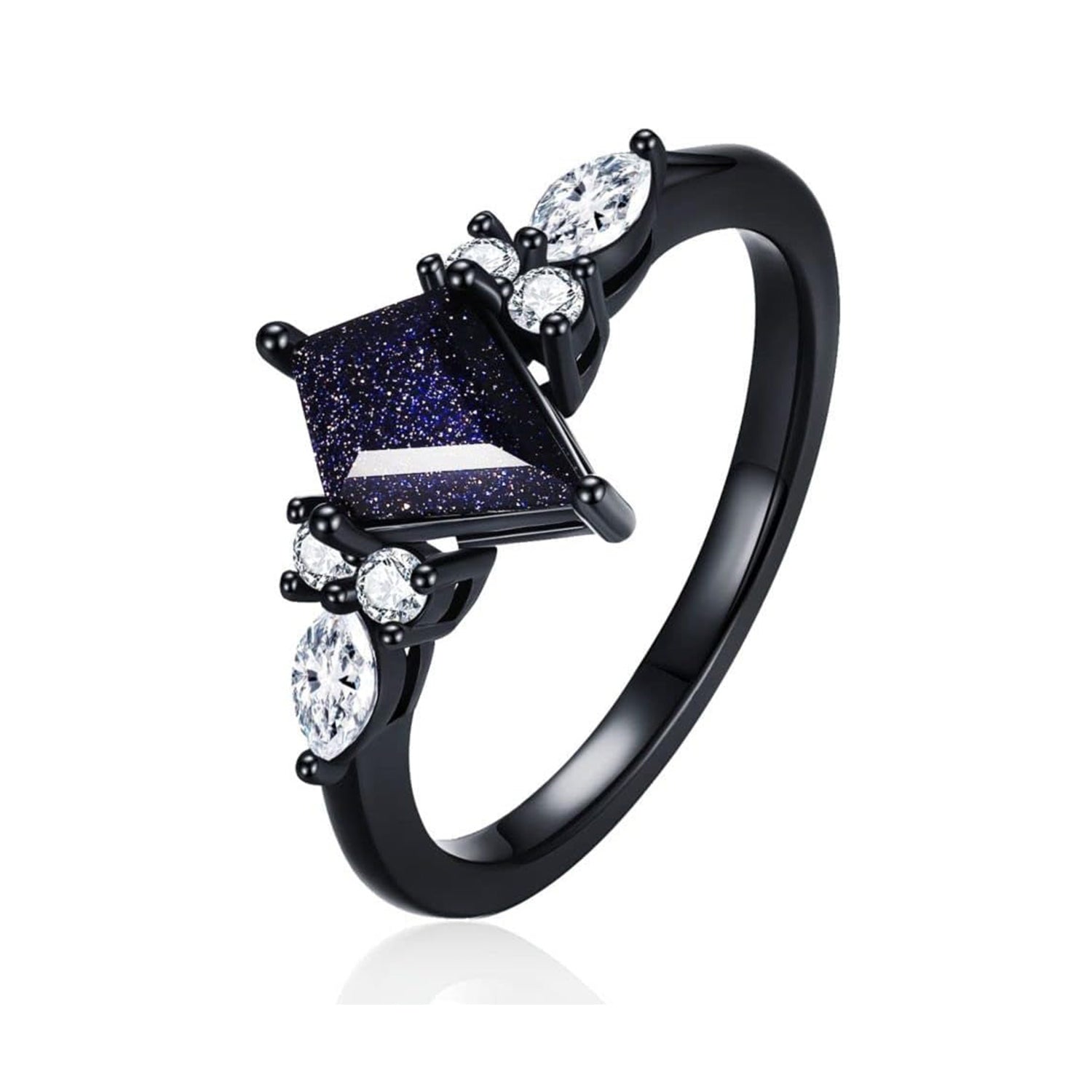 Couple Ring - Kite Cut Blue Sandstone Black Gold Engagement Promise Matching Rings