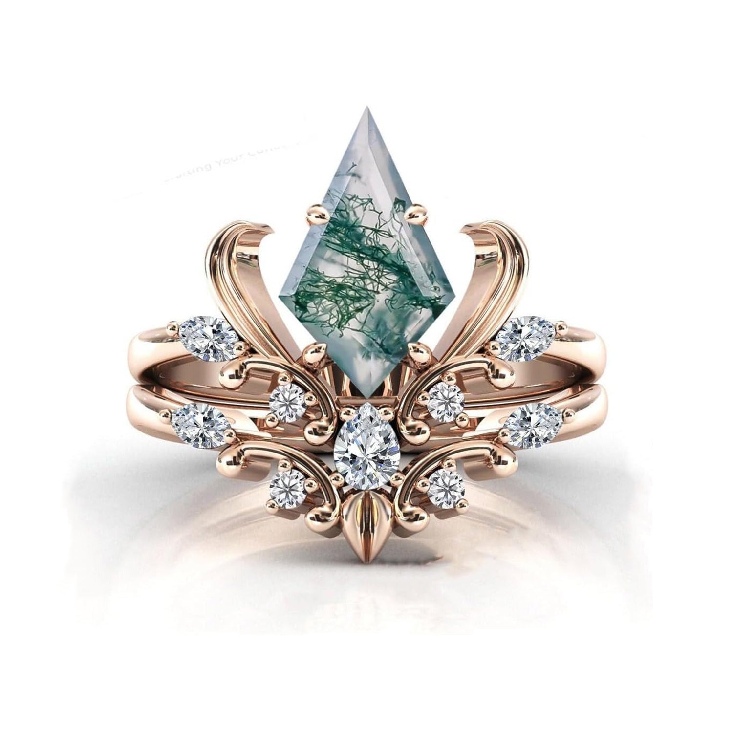 Iris Flower Inspired Natural Moss Agate Vintage Engagement Ring Set