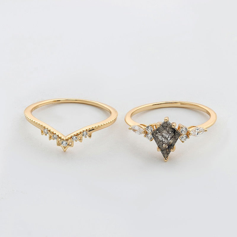 Kite Cut Black Rutilated Quartz Vintage Bridal Ring Set