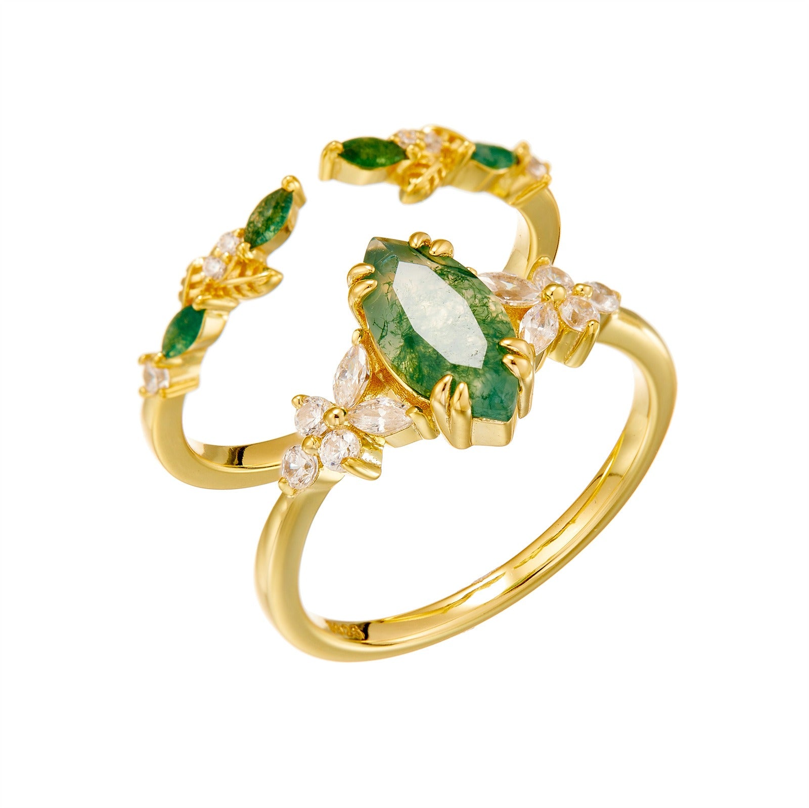 Natural Marquise Moss Agate Leaf Stackable Elegant Women Ring Set