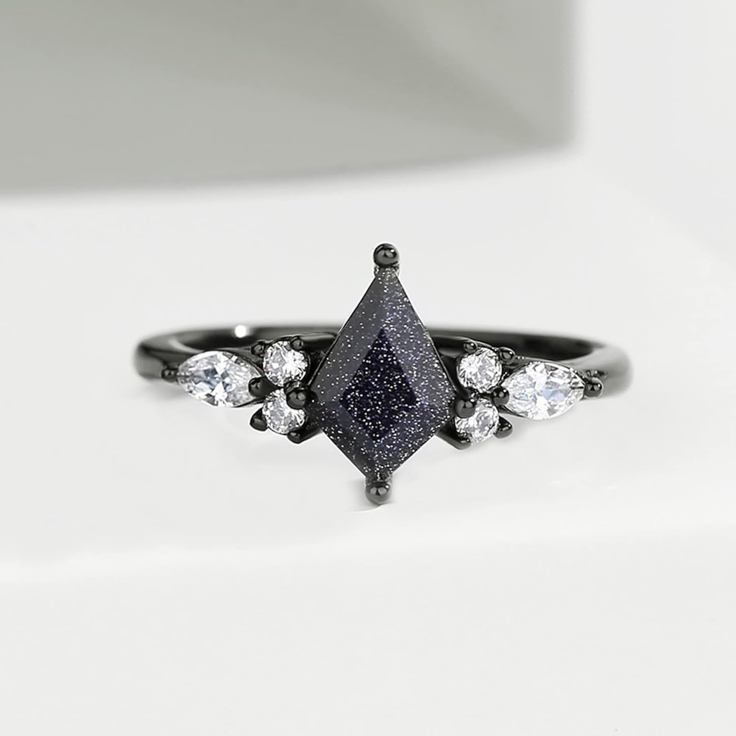 Couple Ring - Kite Cut Blue Sandstone Black Gold Engagement Promise Matching Rings