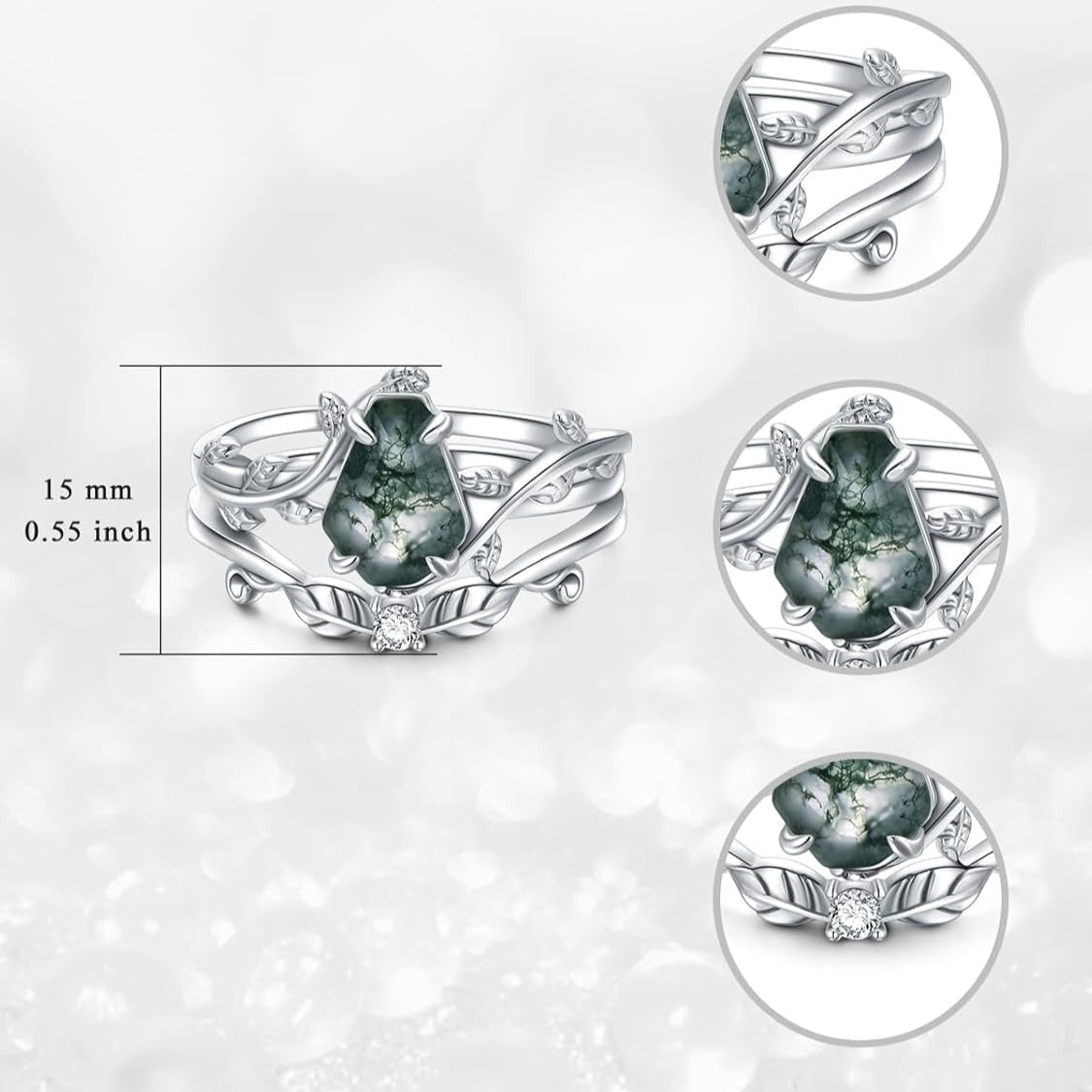 Unique Coffin Cut Natural Moss Agate Engagement Wedding Ring Set