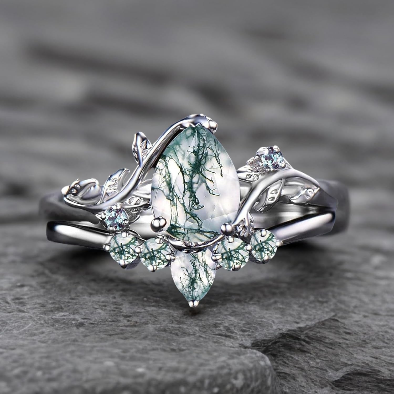 Women Vine Natural Pear Cut Moss Agate Engagement Ring Set