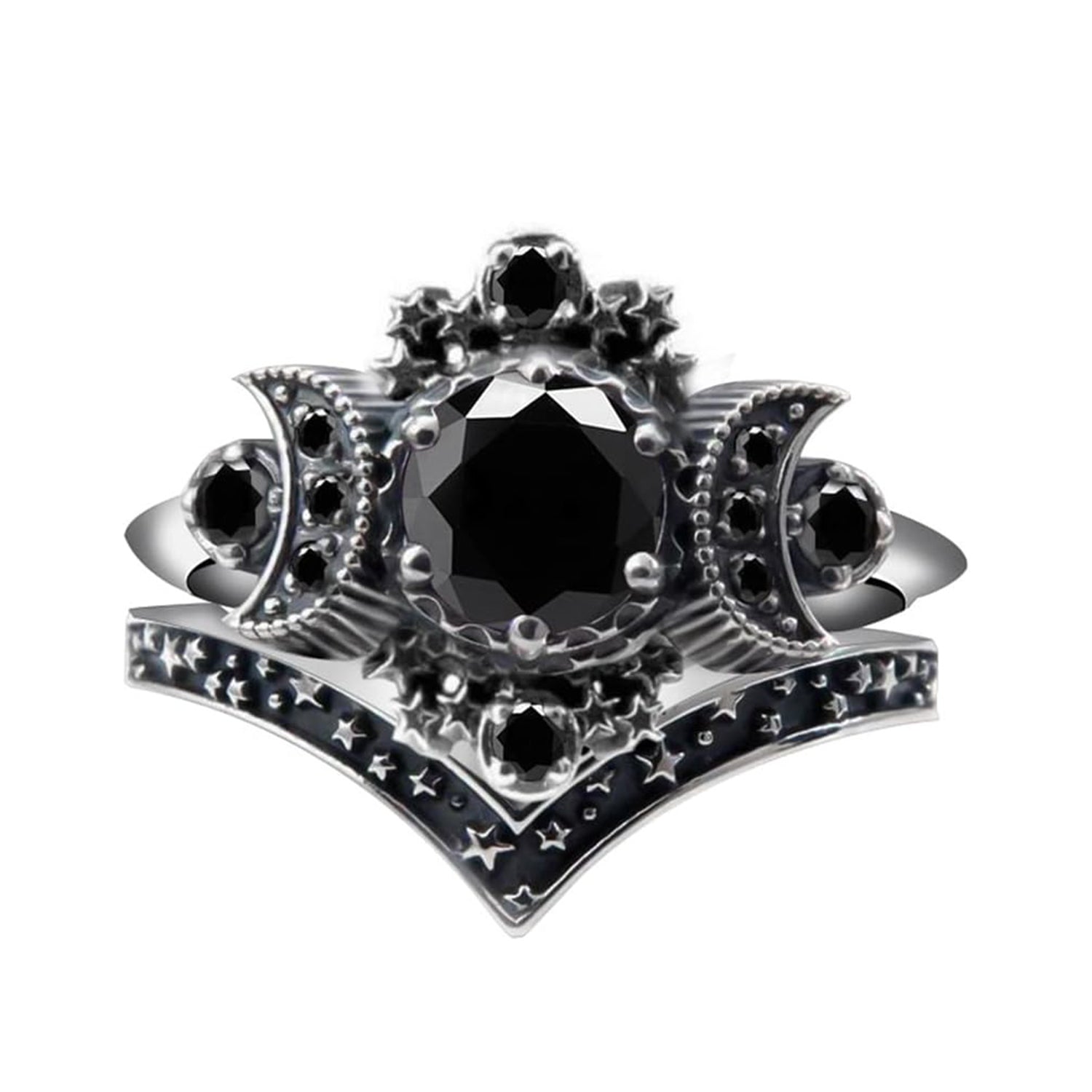 Pagan Triple Cresent Moon Godness Women Band Engagement Ring Set