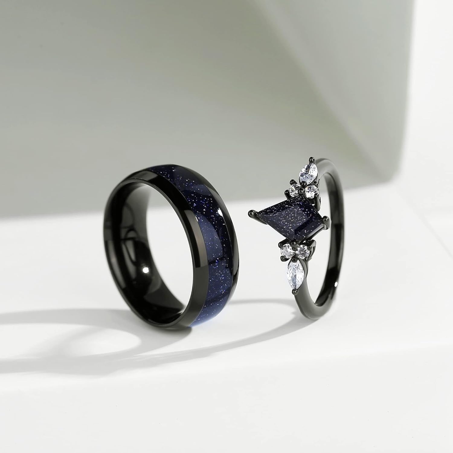 Couple Ring - Kite Cut Blue Sandstone Black Gold Engagement Promise Matching Rings