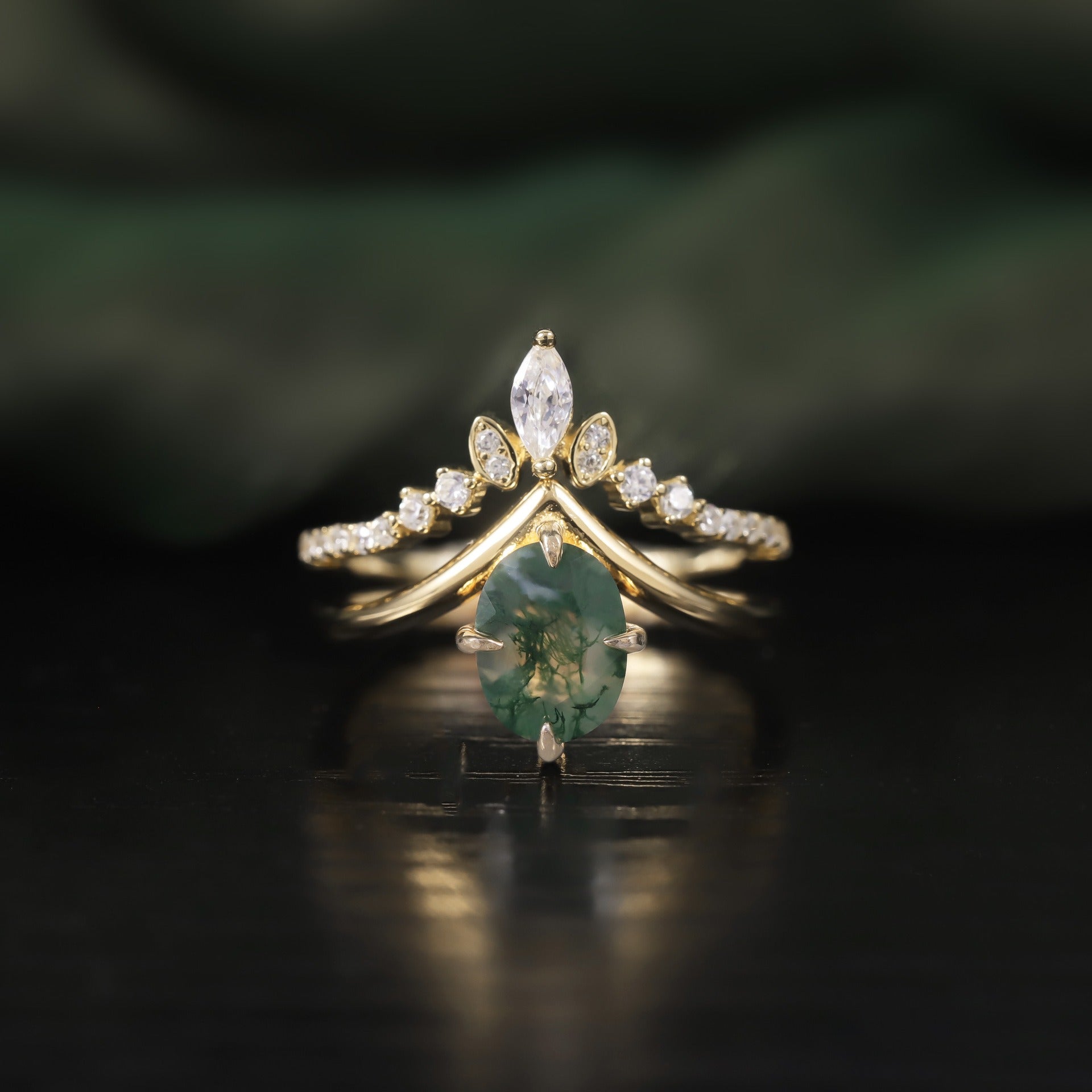 Green Moss Agate Ring V Shaped Classic Stacking Band Bridal Set