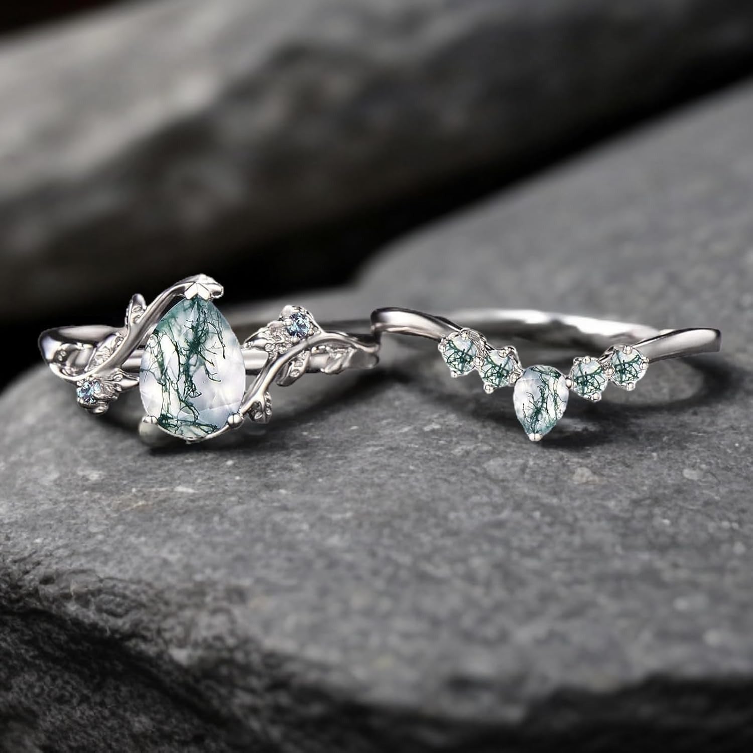 Women Vine Natural Pear Cut Moss Agate Engagement Ring Set