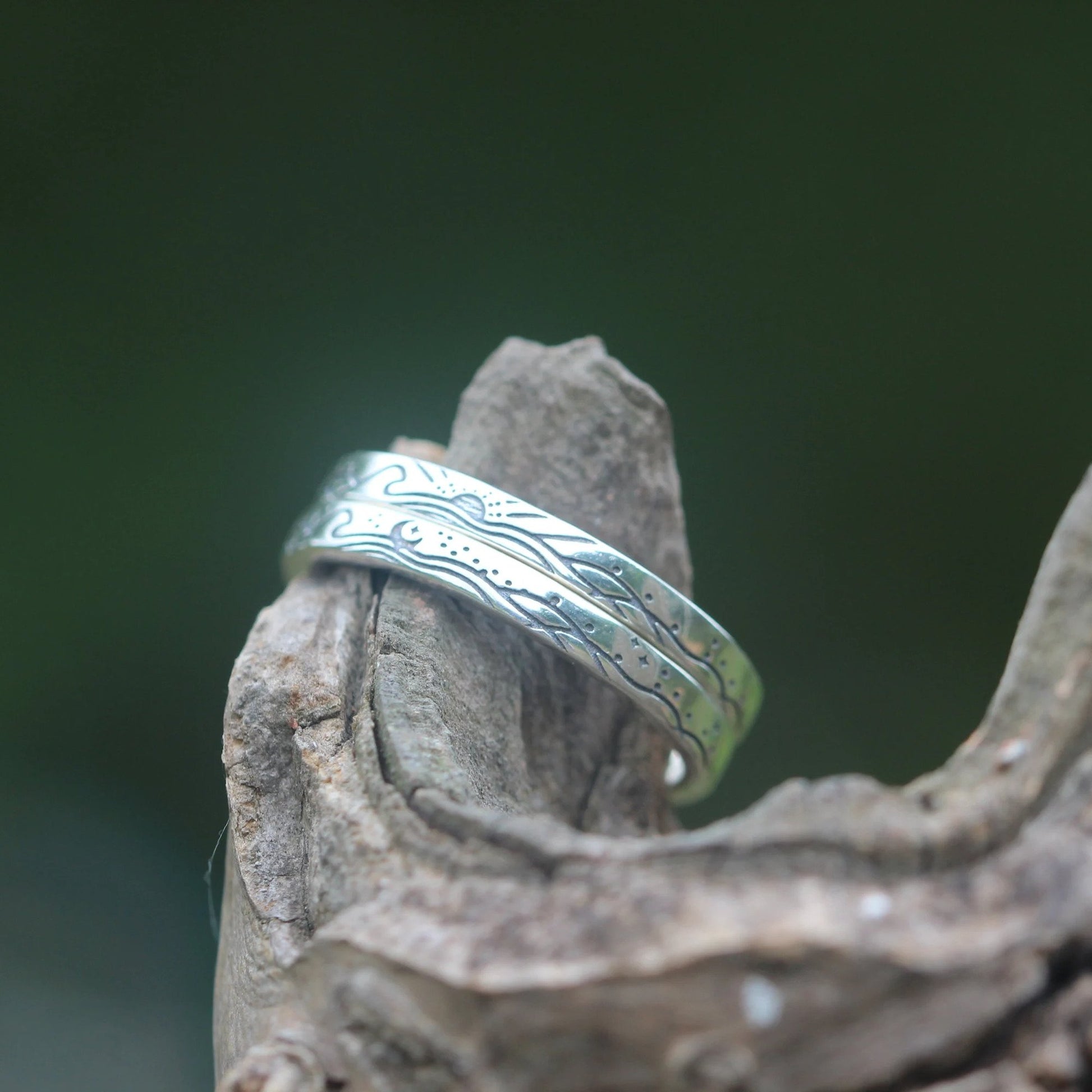 Sunrise & Moonset – Ocean Wave Ring Minimalist Silver Matching Couple Band