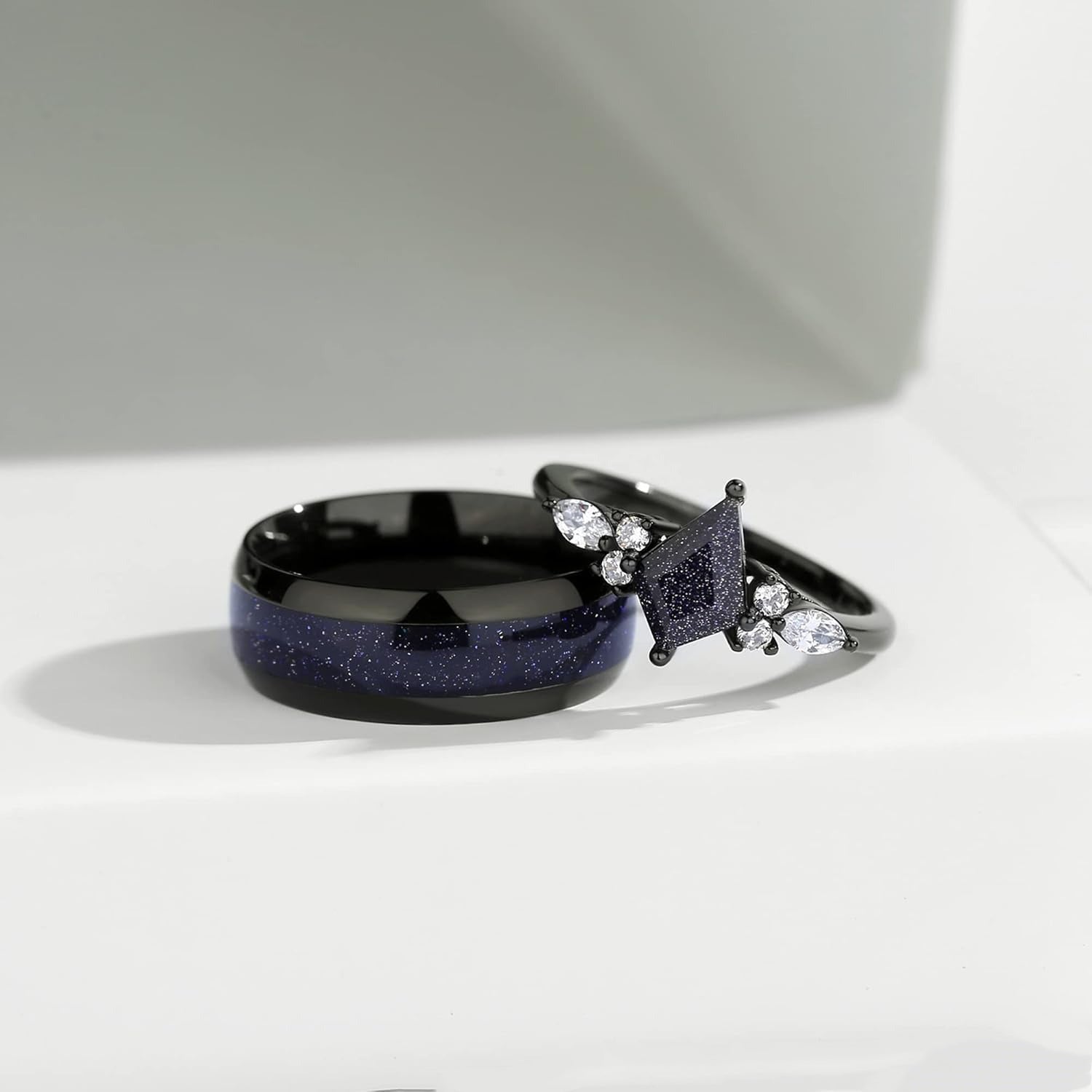 Couple Ring - Kite Cut Blue Sandstone Black Gold Engagement Promise Matching Rings