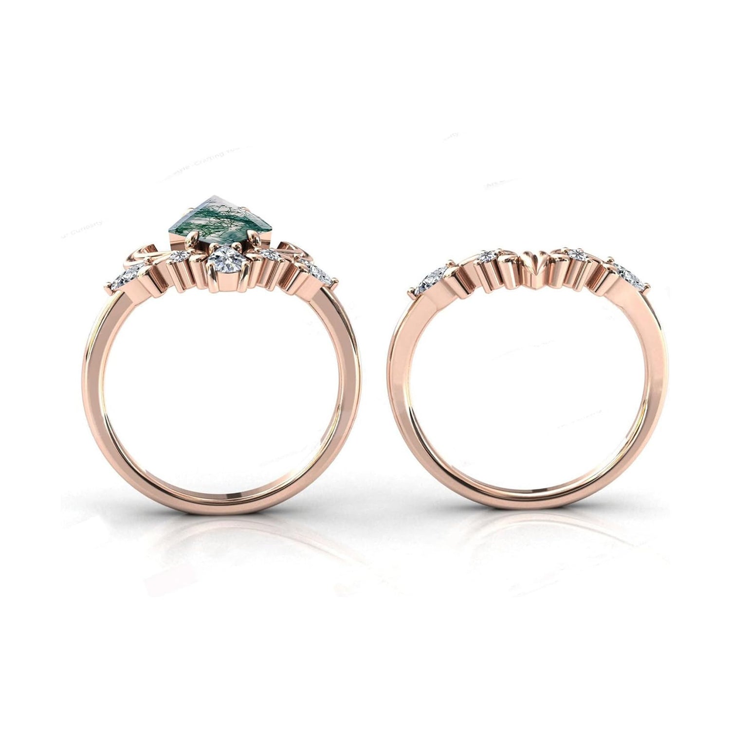 Iris Flower Inspired Natural Moss Agate Vintage Engagement Ring Set