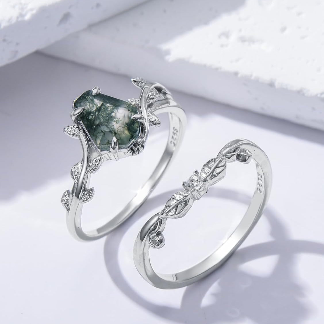 Unique Coffin Cut Natural Moss Agate Engagement Wedding Ring Set