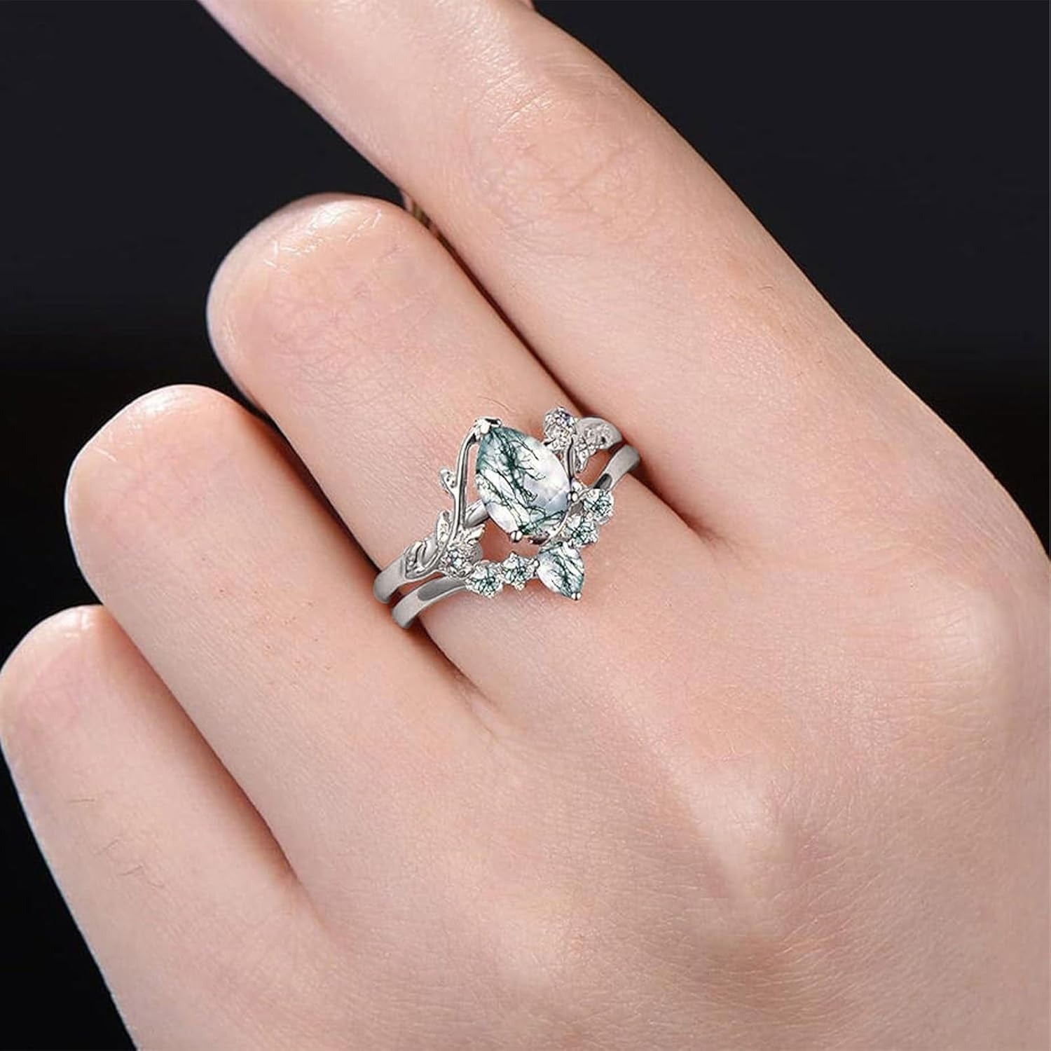 Women Vine Natural Pear Cut Moss Agate Engagement Ring Set